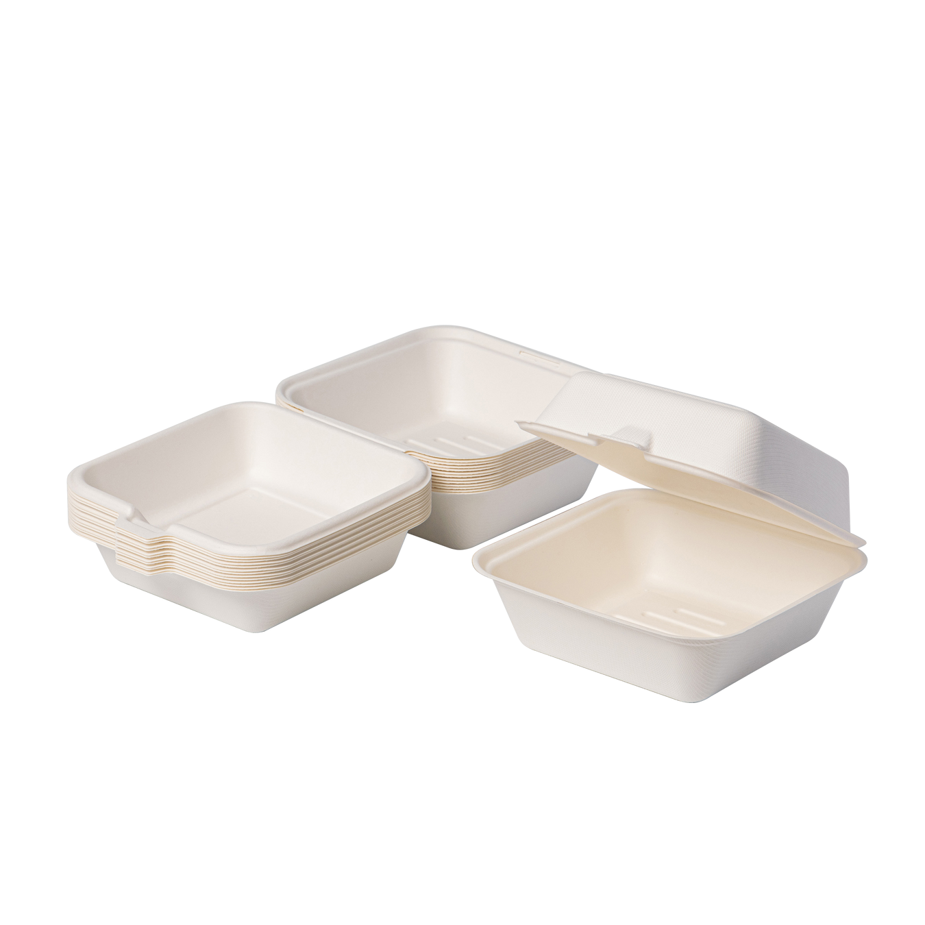 Square lunch boxes made of sugar cane